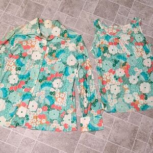 Vintage 2pc Set Button Down Shirt & Tank Top Floral Groovy 70s Hippie Collar